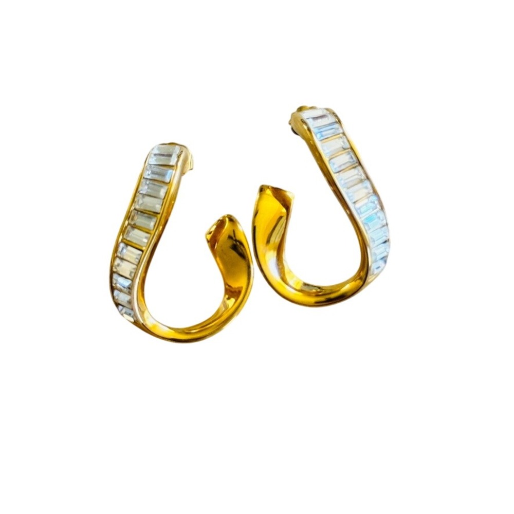 Swarovski Baguette Pave 80s Earrings Signed Crystal Authentic Pierced Drop Gold